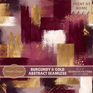 Burgundy & Gold Abstract Seamless Pattern | Luxe Brushstroke Digital Paper in Deep Red, Metallic Gold, Blush, Modern Art Background