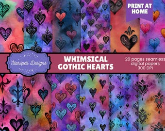 Fantazyjny zestaw bezszwowego papieru cyfrowego w gotyckie serca | Mroczne, romantyczne dzienniki do scrapbookingu, dzienniki śmieci, artykuły rzemieślnicze na Walentynki