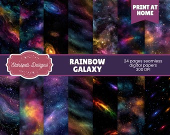 Regenbogen Galaxie nahtlose Muster | 24 bunte kosmische digitale Papiere für Scrapbooking, Journals, Handwerk & Fantasy Design