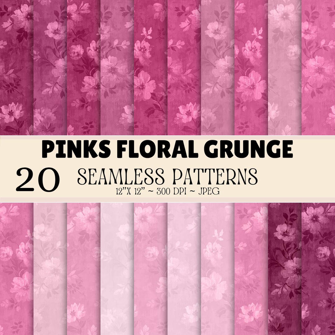 Pinks Floral Grunge Seamless Pattern Bundle, Pink Floral Digital Paper ...