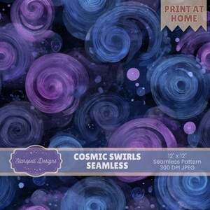 Op de afbeelding: Naadloos patroon met wervelende kosmische ontwerpen in paarse en blauwe tinten. Het ontwerp bevat de tekst "Cosmic Swirls Seamless" en "12" x 12" Seamless Pattern 300 DPI JPEG". De woorden "Print at Home" zijn ook zichtbaar.