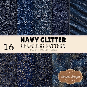 Nahtloses Glitzermuster in Marineblau, digitales Glitzerpapier in Dunkelblau, funkelnde Hintergründe in Mitternachtsblau, 16 nahtlose Designs
