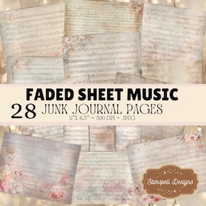 Könnte beinhalten: Eine Sammlung von 28 verblassten Notenblättern für Junk-Journals. Die Seiten sind ca. 28 x 22 cm groß und haben einen Vintage-Look mit floralen Akzenten. Der Text "FADED SHEET MUSIC" und "JUNK JOURNAL PAGES" ist zu sehen.