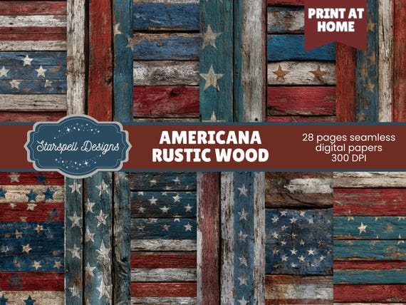 Rustic Americana Wood Seamless Patterns | Patriotic Digital Papers for Scrapbooking, Crafts, Fourth of July, Vintage & Farmhouse Projects