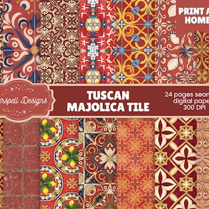 Könnte beinhalten: Eine Sammlung von Designs für toskanische Majolika-Fliesen in verschiedenen Mustern und Farben, darunter Rot, Gold, Blau und Gelb. Der Text "Tuscan Majolica Tile" und "Print at Home" ist enthalten.