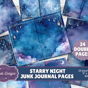 Może przedstawiać: Zestaw 24 dwustronicowych stron dziennika o tematyce gwiezdnej nocy. Każda strona ma akwarelowy wzór z odcieniami niebieskiego, fioletowego i złotego, z księżycem i gwiazdami. Strony mają wymiary 27,9 cm x 21,6 cm i 300 DPI.