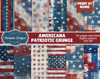 Americana Grunge Seamless Patterns | Rustic patriotic digital papers for scrapbooking, junk journals, Fourth of July, vintage American style