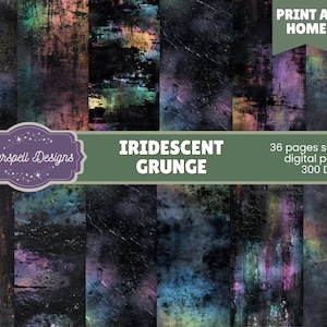 Puede incluir: Un conjunto de papeles digitales grunge iridiscentes. Los papeles presentan un fondo oscuro y texturizado con salpicaduras de color, incluyendo azules, morados y verdes. Se muestra el texto "Iridescent Grunge", junto con "36 páginas digitales sin costuras 300 DPI".