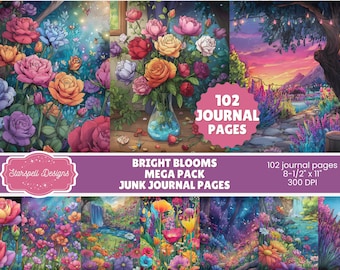 May include: A digital art collage showcasing colourful floral illustrations, including roses and other blooms in shades of pink, orange, and purple. The image includes text that reads "Bright Blooms Mega Pack Junk Journal Pages". The pack contains 102 journal pages, 21.59 x 27.94 cm.