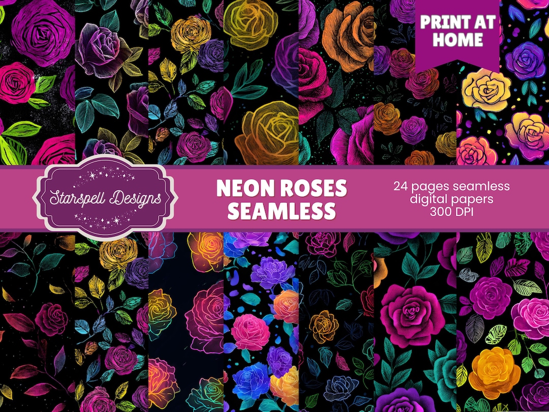 Neon Roses Seamless Digital Papers | Bright Floral Pattern Set for ...