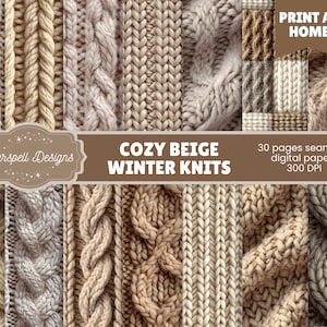 May include: Digital paper pack showcasing diverse beige and cream-coloured knit textures. The image displays various cable knit patterns, with text reading "COZY BEIGE WINTER KNITS" and "PRINT AT HOME".