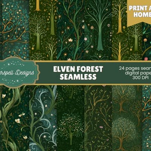 May include: Digital paper set featuring an elven forest theme. The design includes various trees with intricate details in shades of green and gold. The text reads "Elven Forest Seamless" and "Print at Home".