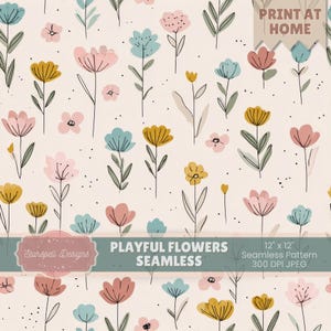 Playful Flowers Seamless Pattern | Cute Hand Drawn Style Floral Digital Paper for Fabric, Scrapbooking, POD, Nursery Decor & Craft Projects