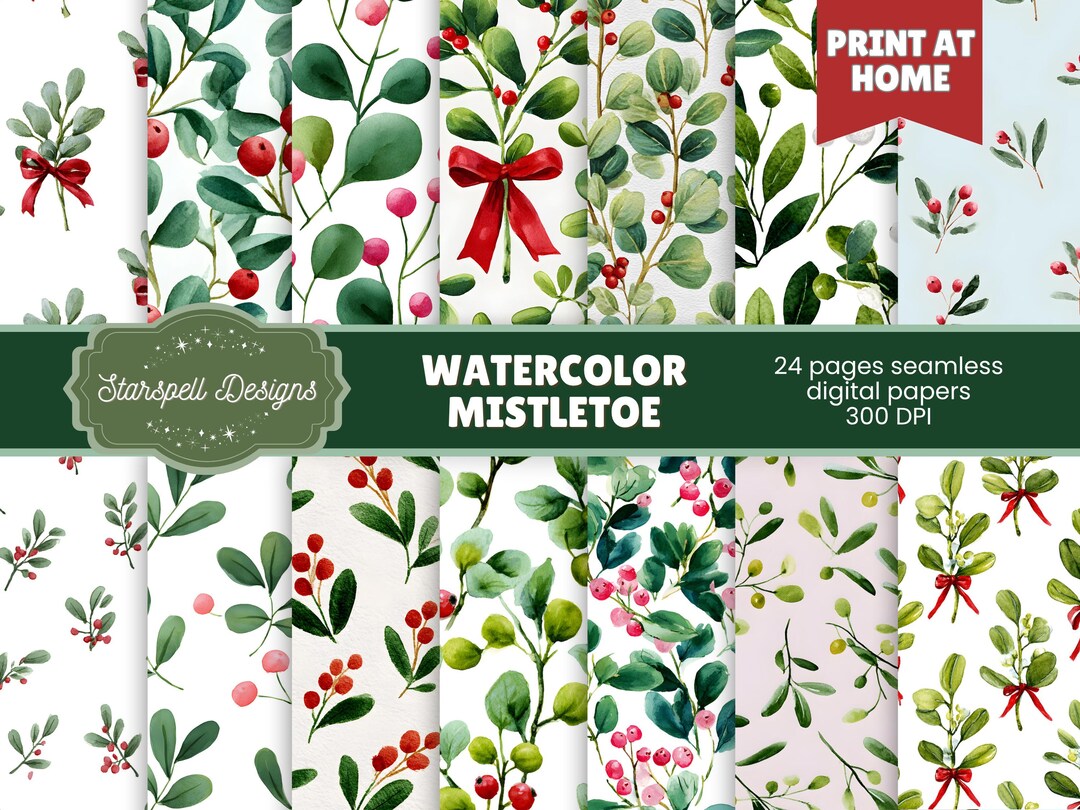 Watercolor Mistletoe Seamless Patterns | 24 Christmas Greenery Digital ...