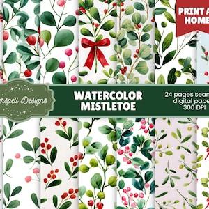Può includere: Carte digitali di vischio ad acquerello con foglie verdi, bacche rosse e fiocchi rossi. L'immagine mostra vari motivi senza cuciture su sfondo bianco. Il testo sull'immagine recita "Watercolor Mistletoe" e "24 pages seamless digital papers 300 DPI."