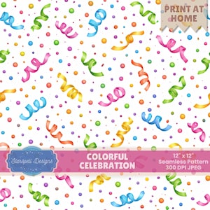 Colorful Celebration Seamless Pattern | Bright Confetti & Streamers Digital Paper, Party Background for Birthdays, Events, Invitations