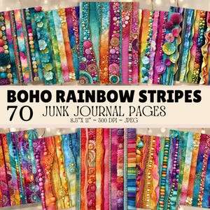 The image is a collage of 70 colorful and vibrant junk journal pages, featuring a variety of patterns, textures, and embellishments such as beads, sequins, and buttons.
