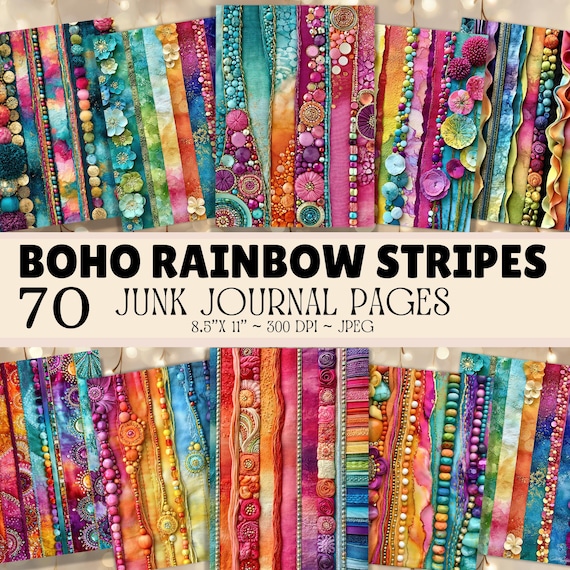 Boho Rainbow Stripes Junk Journal Pages – 70 Printable Colorful Bohemian Papers, Vibrant Mixed Media Backgrounds, Rainbow Textile Journal