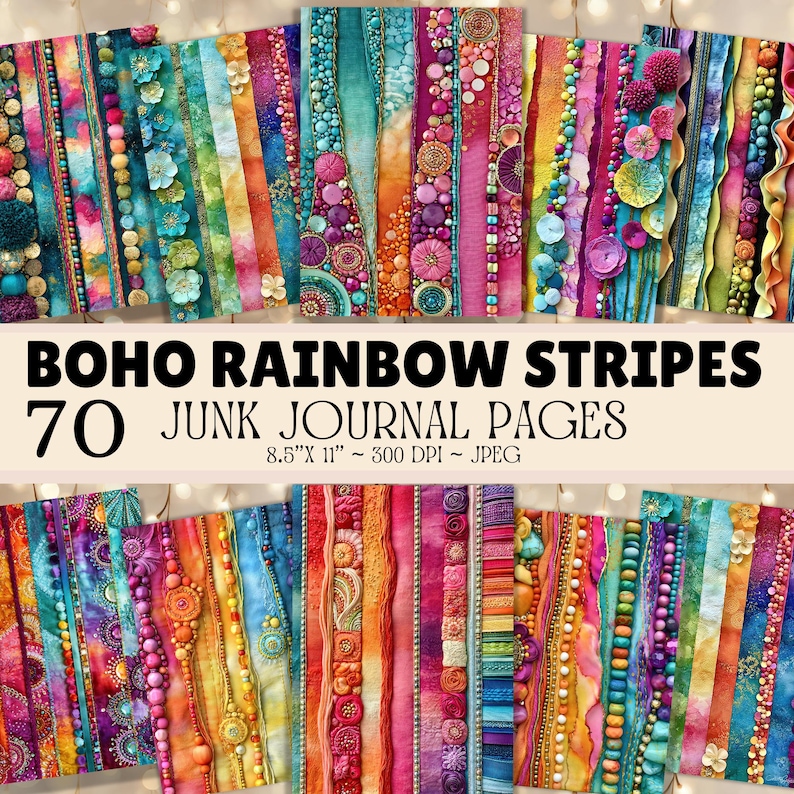 The image is a collage of 70 colorful and vibrant junk journal pages, featuring a variety of patterns, textures, and embellishments such as beads, sequins, and buttons.