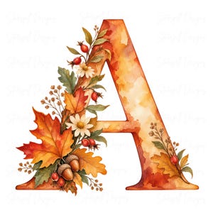 Könnte beinhalten: Ein Großbuchstabe A mit Aquarelltextur in Orange-, Rot- und Gelbtönen. Die linke Seite ist mit herbstlichem Laub verziert, darunter Ahornblätter, Eichenblätter, weiße Gänseblümchen, rote Hagebutten und braune Eicheln.