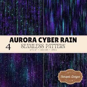 Aurora Cyber Rain Seamless Pattern Digital Paper – Futuristic Neon Galaxy Background, Cyberpunk Glitter Rain Printable