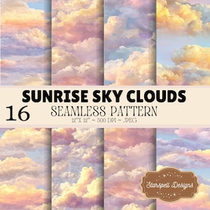 Papel digital sem costura com estampa de nuvens e céu ao nascer do sol, fundos de nuvens em tons pastel, padrões de céu ensolarado pela manhã, 16 papéis para impressão.