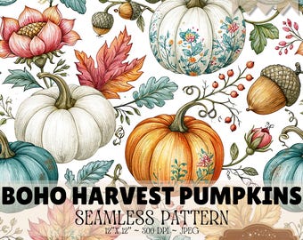 Boho Harvest Pumpkins Seamless Pattern | Floral Fall Digital Paper | Muted Autumn Leaves, Acorns, Soft Florals