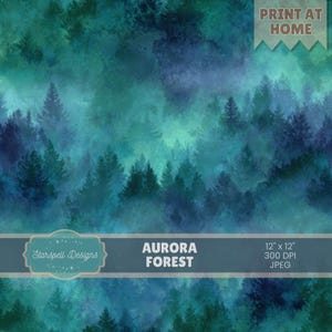 Puede incluir: Una impresión de arte digital abstracta titulada "Aurora Forest" que representa una escena de bosque en tonos turquesa y azul. La imagen incluye el texto "Print at Home", "Starspell Designs" y mide 30,48 cm x 30,48 cm.