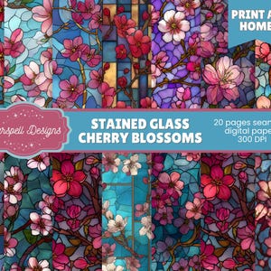 以下が含まれることがあります： ステンドグラス風の桜のデザインが施されたデジタルペーパーセット。ピンクと白の花が、青、紫、ターコイズの背景に映えます。「STAINED GLASS CHERRY BLOSSOMS」と「PRINT AT HOME」の文字入り。300 DPIの20枚のシームレスデジタルペーパーが含まれています。