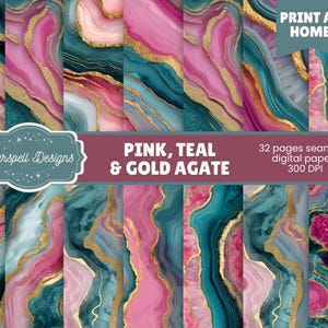 Puede incluir: Paquete de papel digital con diseños de ágata en rosa, verde azulado y dorado. El paquete incluye 32 papeles digitales sin costuras con una resolución de 300 DPI. El texto de la imagen dice "Print at Home" y "Pink, Teal & Gold Agate".