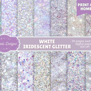 Può includere: Una collezione di 36 carte digitali senza cuciture con texture glitterate bianche iridescenti e riflessi di luce scintillanti. L'immagine include il testo Starspell Designs, White Iridescent Glitter, 36 pages seamless digital papers, 300 DPI e Print at Home.