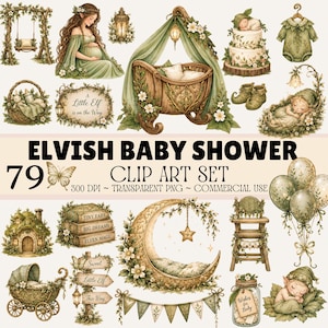May include: A digital clip art set featuring 79 elvish baby shower illustrations including a pregnant elf, a wooden cradle with green drapes, a crescent moon bed, baby clothes, balloons, a small cottage, and signs with text like A Little Elf is on the Way.