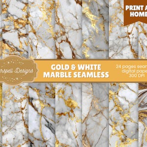 以下が含まれることがあります： 金と白の大理石模様のデジタルペーパーのコレクション。画像には「Gold & White Marble Seamless」と「Print at Home」の文字が含まれています。ペーパーは300 DPIで、24枚のシームレスなデジタルページが含まれています。