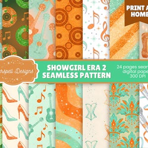 May include: A collection of digital papers with a showgirl theme. The patterns feature high-heeled boots, guitars, musical notes, and cowboy boots in shades of orange, teal, and glitter. The text "SHOWGIRL ERA 2 SEAMLESS PATTERN" is visible.