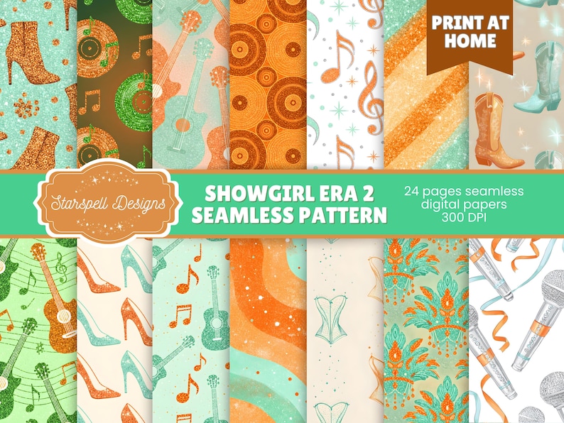 May include: A collection of digital papers with a showgirl theme. The patterns feature high-heeled boots, guitars, musical notes, and cowboy boots in shades of orange, teal, and glitter. The text "SHOWGIRL ERA 2 SEAMLESS PATTERN" is visible.