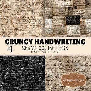 Grungy Handwriting Seamless Pattern Bundle | Vintage Script Digital Papers, Antique French Ephemera Backgrounds, Gothic Calligraphy Textures