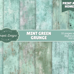 May include: A digital paper set featuring a mint green grunge design. The image includes various textures and patterns, with the text "MINT GREEN GRUNGE" and "32 pages seamless digital papers 300 DPI". The design is from Starspell Designs.