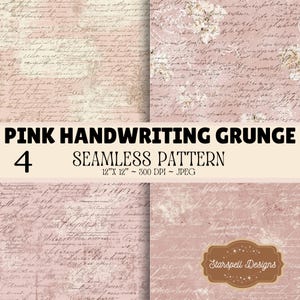 Pink Handwriting Grunge Seamless Pattern Bundle, Vintage Script Digital Paper, Shabby Chic French Ephemera Backgrounds