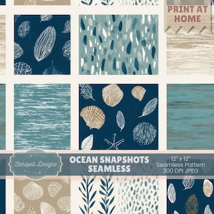Ocean Snapshots Seamless Pattern | Coastal Seashell Patchwork Digital Paper for Fabric, Scrapbooking, POD, Beach Crafts & Nautical Decor
