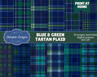 May include: A collection of blue and green tartan plaid digital papers. The image features various seamless patterns with different shades of blue and green. Text on the image reads "Blue & Green Tartan Plaid" and "Print at Home".