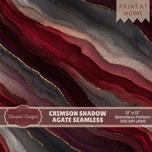 Puede incluir: Un patrón digital sin costuras con un diseño de ágata fluido. El patrón presenta capas de carmesí, gris y plata con detalles dorados. El texto "Crimson Shadow Agate Seamless" y "12" x 12" Seamless Pattern" son visibles.