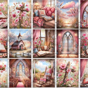 Op de afbeelding: Een verzameling aquarelschilderijen met religieuze thema's. Afbeeldingen omvatten open boeken, met bloemen versierde kruisen, kerken en serene landschappen. Zachte roze en pastelkleuren cre&euml;ren een vredige sfeer.
