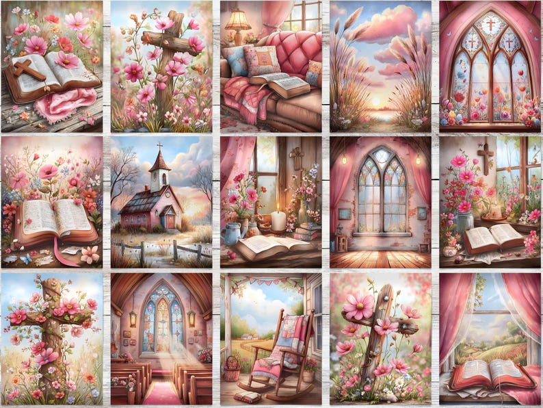 Op de afbeelding: Een verzameling aquarelschilderijen met religieuze thema's. Afbeeldingen omvatten open boeken, met bloemen versierde kruisen, kerken en serene landschappen. Zachte roze en pastelkleuren cre&euml;ren een vredige sfeer.