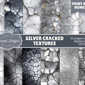 May include: A collection of digital papers featuring silver cracked textures. The image includes various shades of gray and white with intricate crack patterns. Text on the image reads "Silver Cracked Textures", "32 pages seamless digital papers", and "Print at Home".
