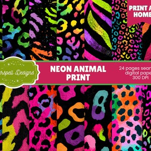 Puede incluir: Una colección de patrones de estampado animal neón en varios diseños, incluyendo rayas de cebra y manchas de leopardo, en colores vibrantes como rosa, amarillo y morado. La imagen incluye el texto "NEON ANIMAL PRINT" y "24 pages seamless digital papers 300 DPI".