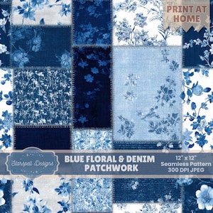May include: A patchwork design with blue floral and denim patterns. The design includes squares with different floral prints and denim textures. The text "BLUE FLORAL & DENIM PATCHWORK" is visible. The image is a 30.48 cm x 30.48 cm seamless pattern.