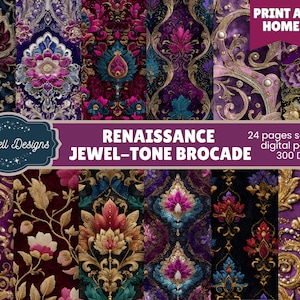 May include: A collection of 24 seamless digital papers with Renaissance-style jewel-tone brocade patterns. The designs feature ornate floral and damask motifs in rich colors like purple, gold, teal, and burgundy. The image includes the text "Starspell Designs" and "Print at Home."