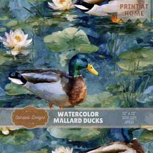May include: A watercolour painting featuring mallard ducks amongst lily pads and white flowers. The ducks have green heads, brown chests, and grey wings. The image includes the text "Watercolor Mallard Ducks" and "Print at Home".