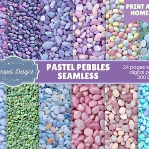 May include: A selection of seamless digital papers showcasing pastel-coloured pebbles in shades of pink, purple, green, and blue. The image includes text that reads "PASTEL PEBBLES SEAMLESS" and "24 pages seamless digital papers 300 DPI."