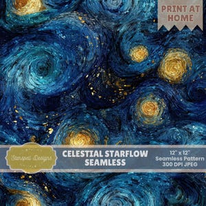 Celestial Starflow Seamless Pattern | Starry Night Swirl Galaxy Digital Paper, Van Gogh Inspired Cosmic Sky Background for Scrapbooking